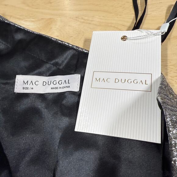 Mac Duggal NWT Brocade Silver One Shoulder Bow Midi Dress Size 14 Fit & Flare - Picture 4 of 8